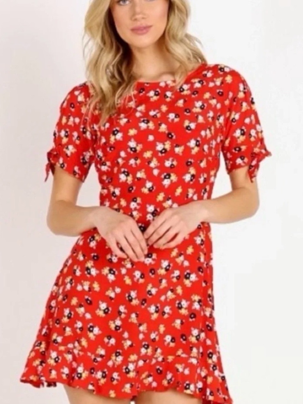 Faithfull the Brand Red Floral Tie-Sleeve Mini Dress